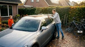 Man bekijkt spoiler van zijn auto op de oprit